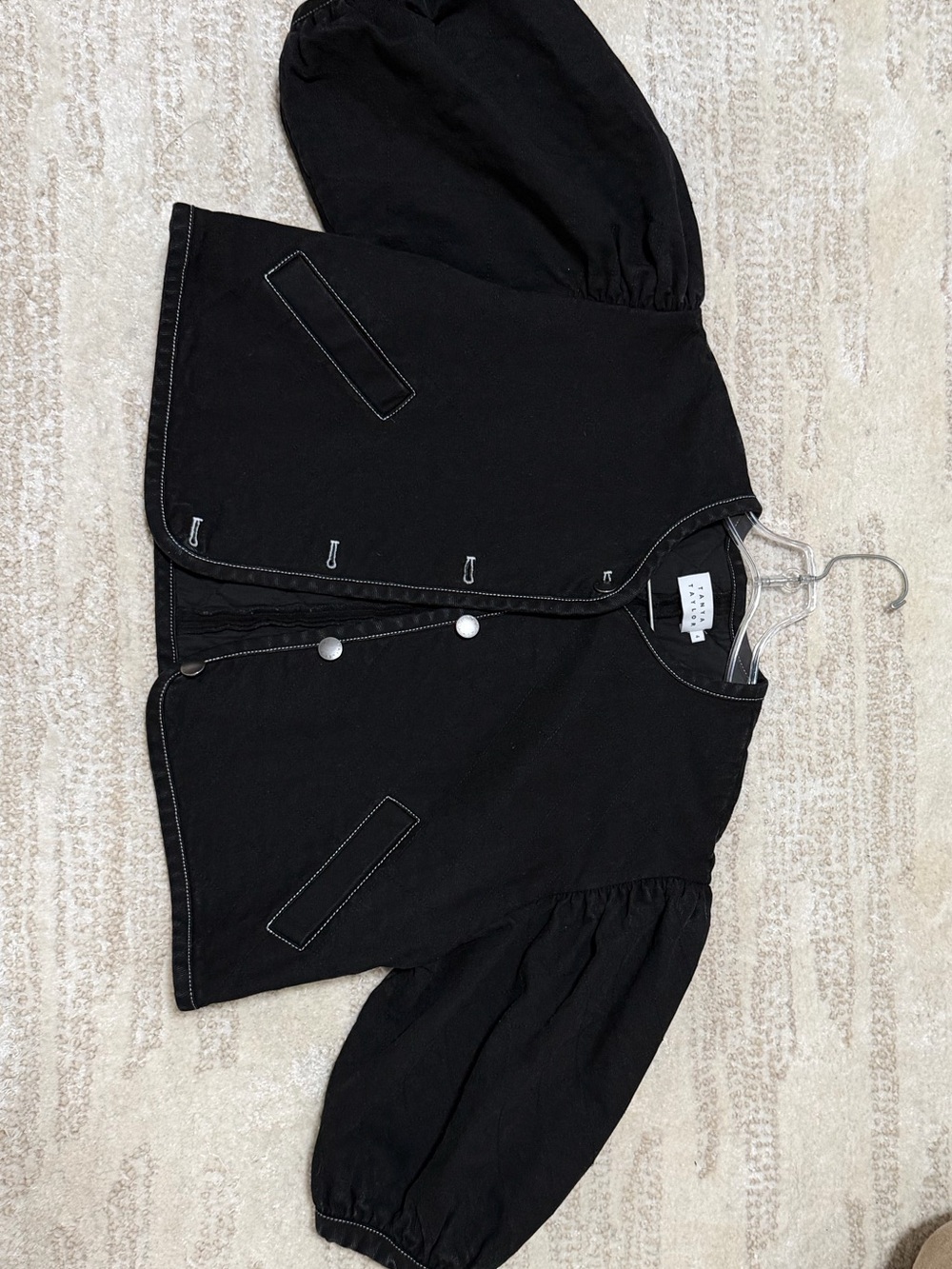 Cropped Tanya Taylor Black Samantha Puff Sleeve Button-Up Jacket
